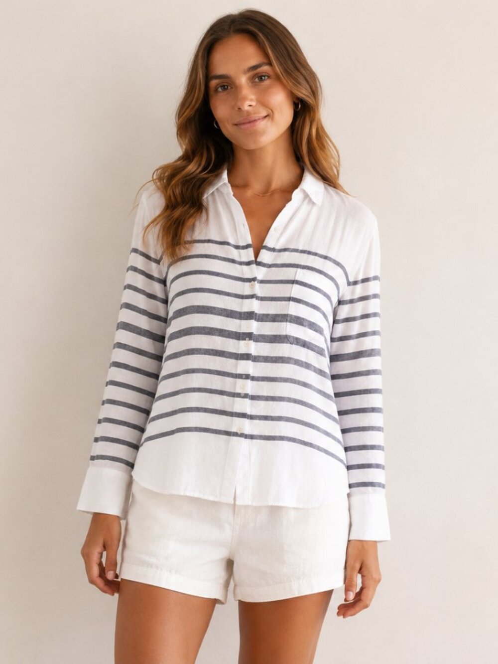 A Loves A Striped Collared Blouse in White and Blue Gray